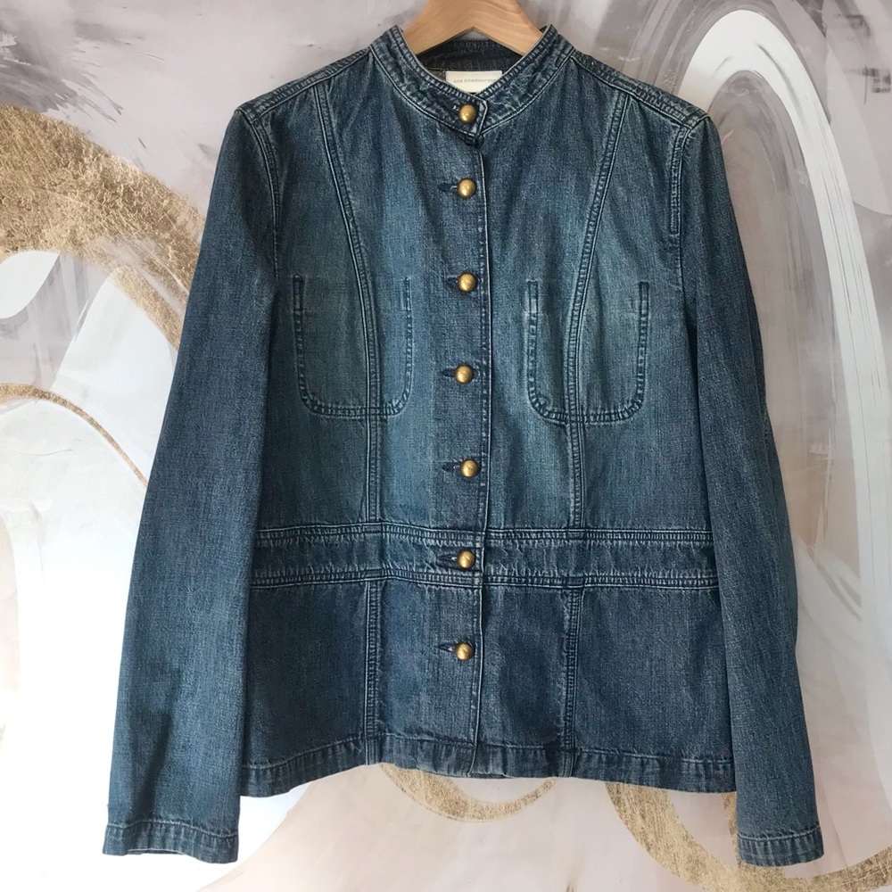 LIZ CLAIBORNE | Jean Jacket Blazer w/ Brass Buttons & Mandarin Collar Size L